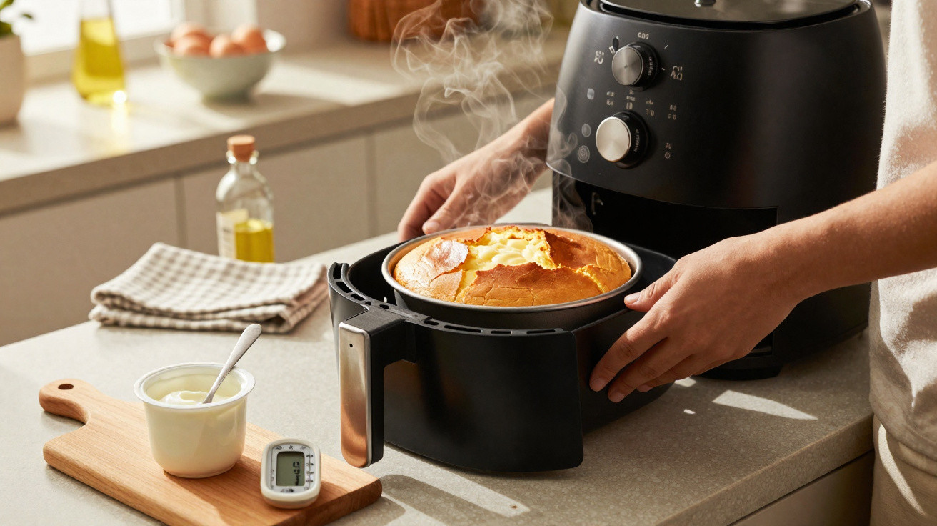 Pessoa retirando bolo quente recém-assado de fritadeira elétrica na cozinha iluminada.