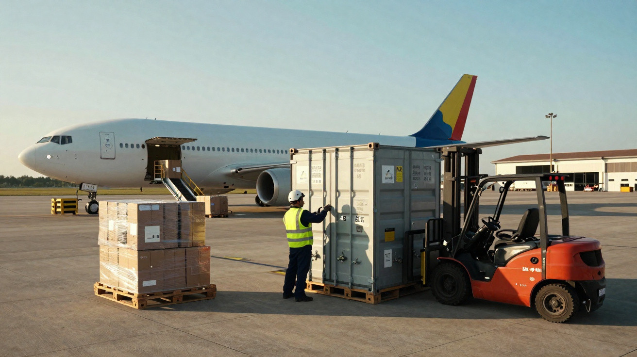 Funcionário com colete e capacete manuseia contêiner próximo a empilhadeira e avião no pátio do aeroporto.
