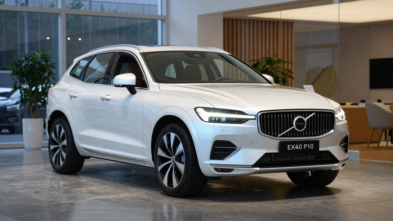 Carro Volvo XC60 branco estacionado dentro de showroom moderno com iluminação natural.