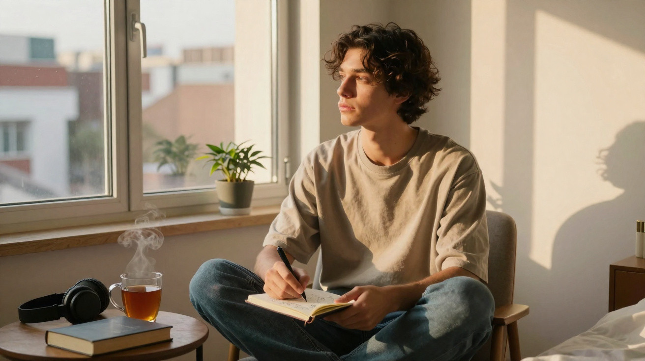 Jovem sentado em cadeira escrevendo no caderno, com chá quente, fones e livro ao lado na mesa.