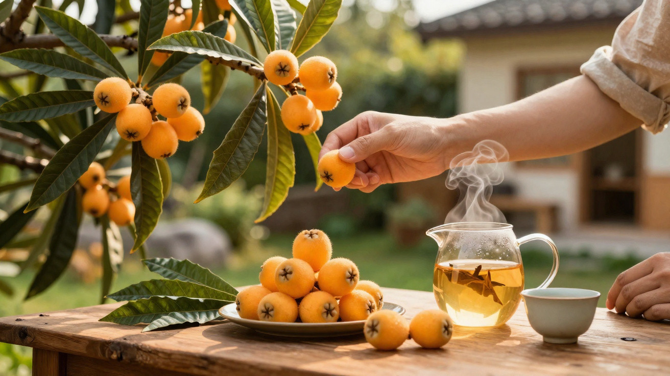 Frutas nêspera na árvore e em prato sobre mesa de madeira com infusão quente e xícara ao lado.