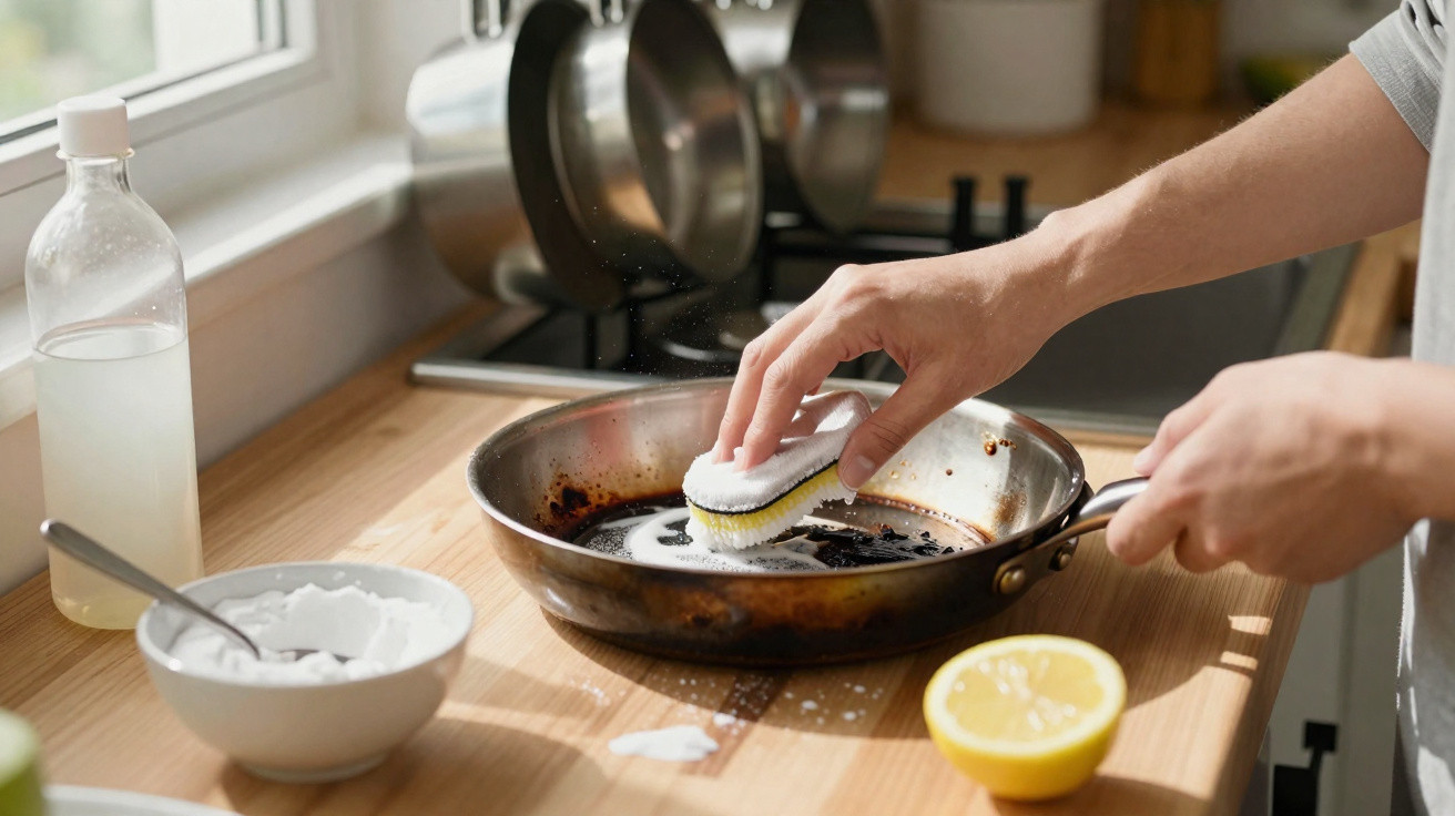 Pessoa limpando frigideira queimada com esponja e bicarbonato de sódio em cozinha iluminada pela luz natural.