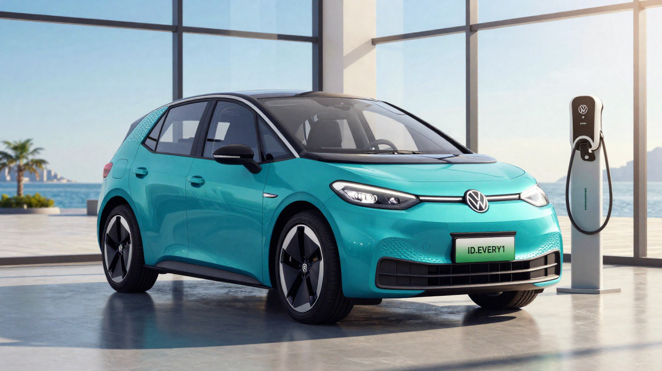 Carro elétrico Volkswagen ID. Every1 azul em posto de recarga com vista para o mar.