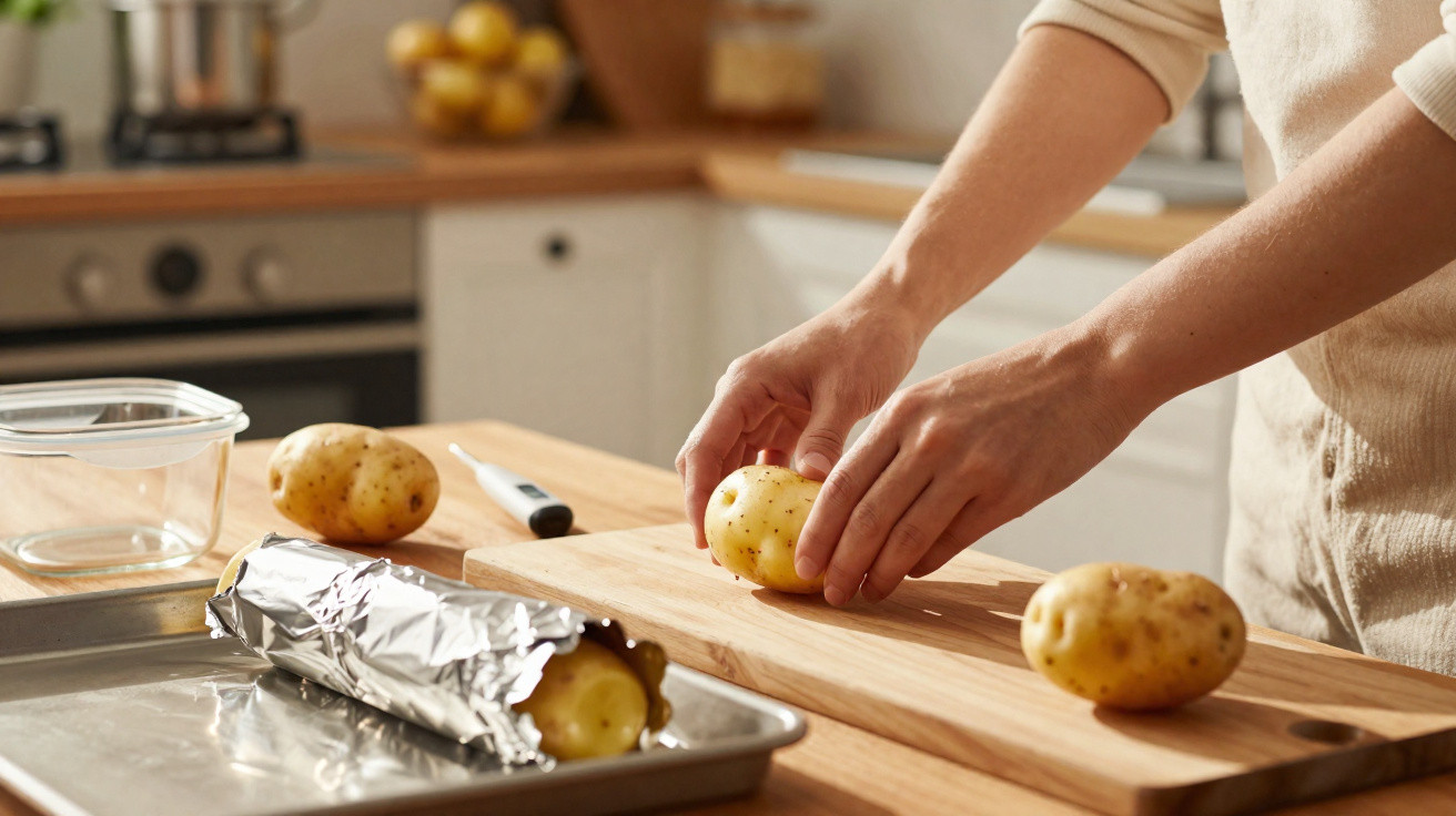 Pessoa preparando batatas frescas na cozinha sobre uma tábua de madeira clara.