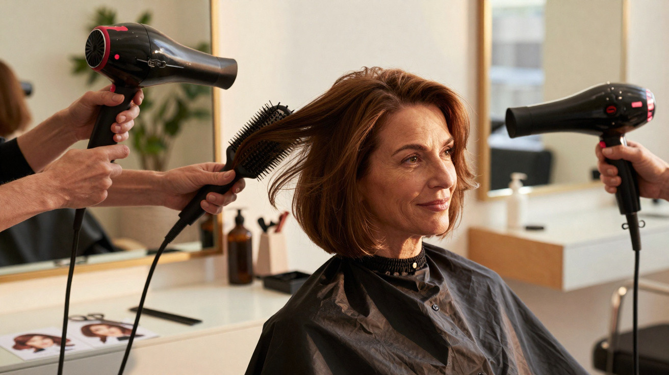 Mulher sorridente recebendo secagem de cabelo em salão de beleza com um cabeleireiro usando escova e secador.