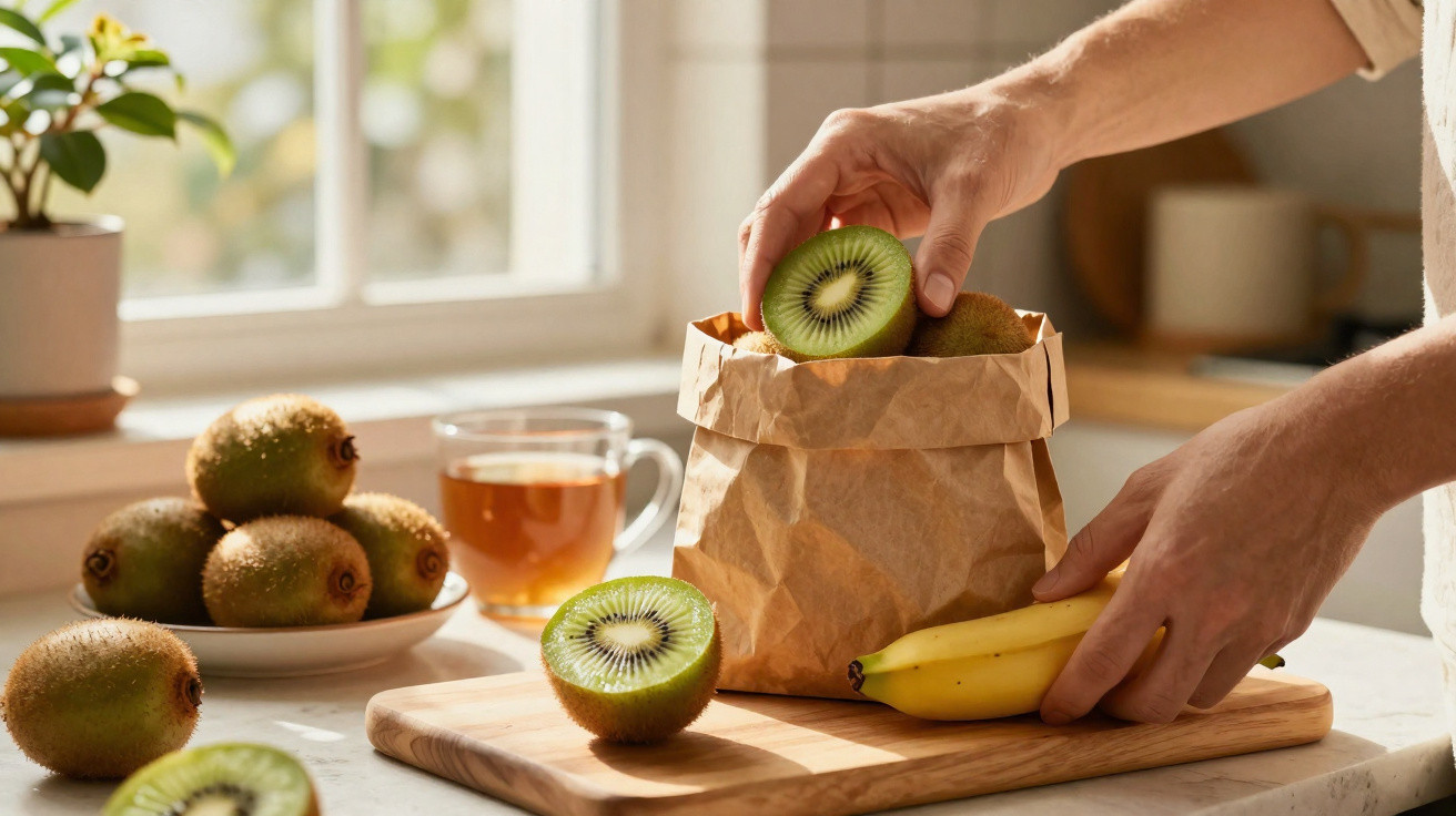 Mãos colocando kiwis e bananas em saco de papel sobre bancada com frutas e chá ao fundo.