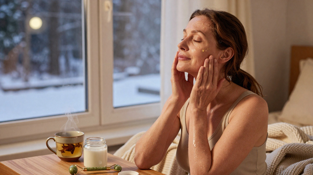 Mulher aplicando creme facial sentada à mesa com janela e xícara de chá ao fundo.