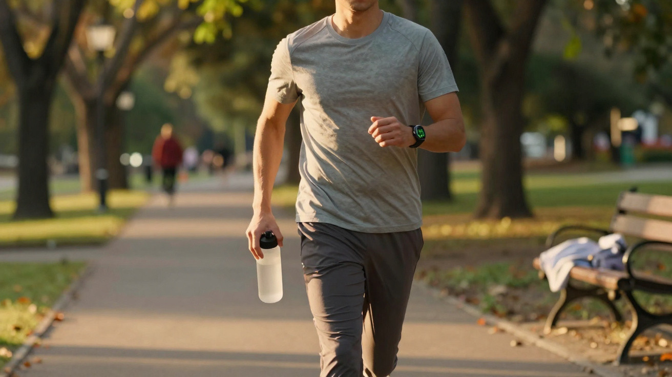 Homem correndo em parque com camiseta cinza, calça esportiva e garrafa de água na mão.