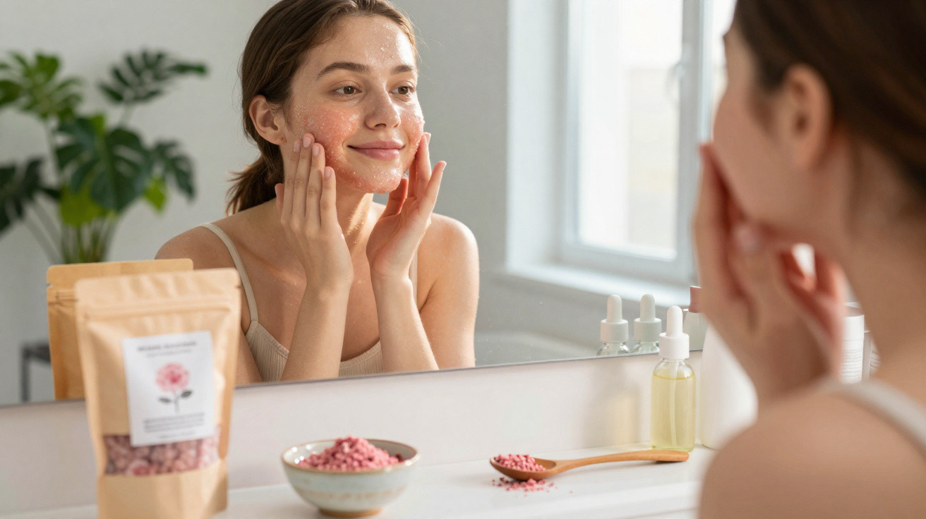 Mulher aplica esfoliante facial enquanto se olha no espelho em banheiro iluminado.
