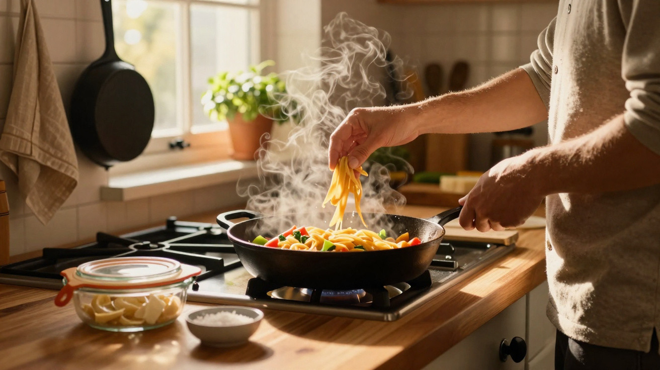 Pessoa cozinhando macarrão com legumes em frigideira sobre fogão a gás em cozinha iluminada pela janela.