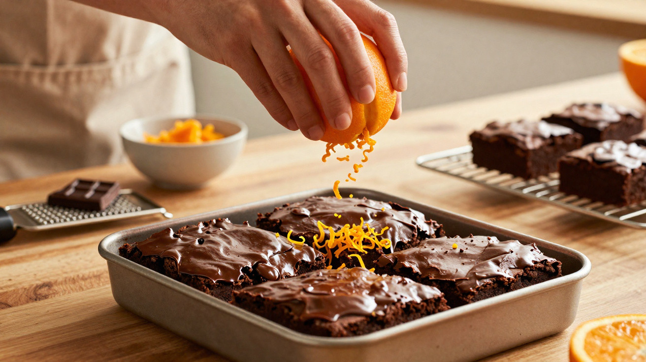 Mãos ralando casca de laranja sobre brownies de chocolate em forma, em bancada de madeira.