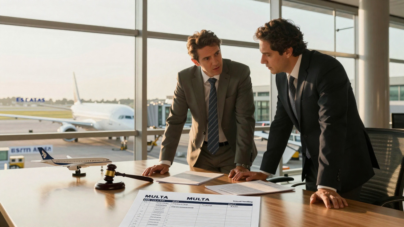 Dois homens de terno discutem documentos sobre multas em mesa com modelo de avião no aeroporto ao fundo.