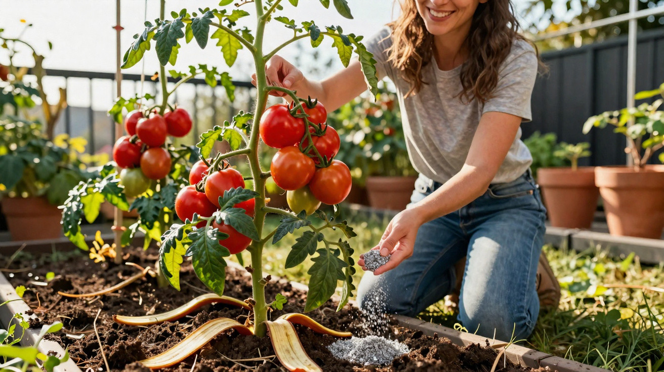 Mulher regando plantas de tomate maduro em jardim com vasos e terra ao redor.
