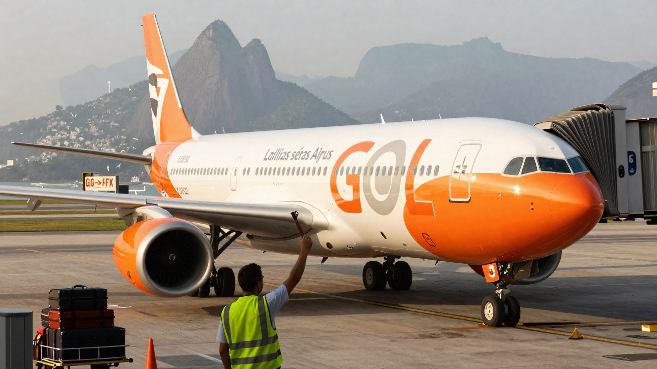 Avião da Gol no portão do aeroporto com funcionário sinalizando em primeiro plano no Rio de Janeiro.
