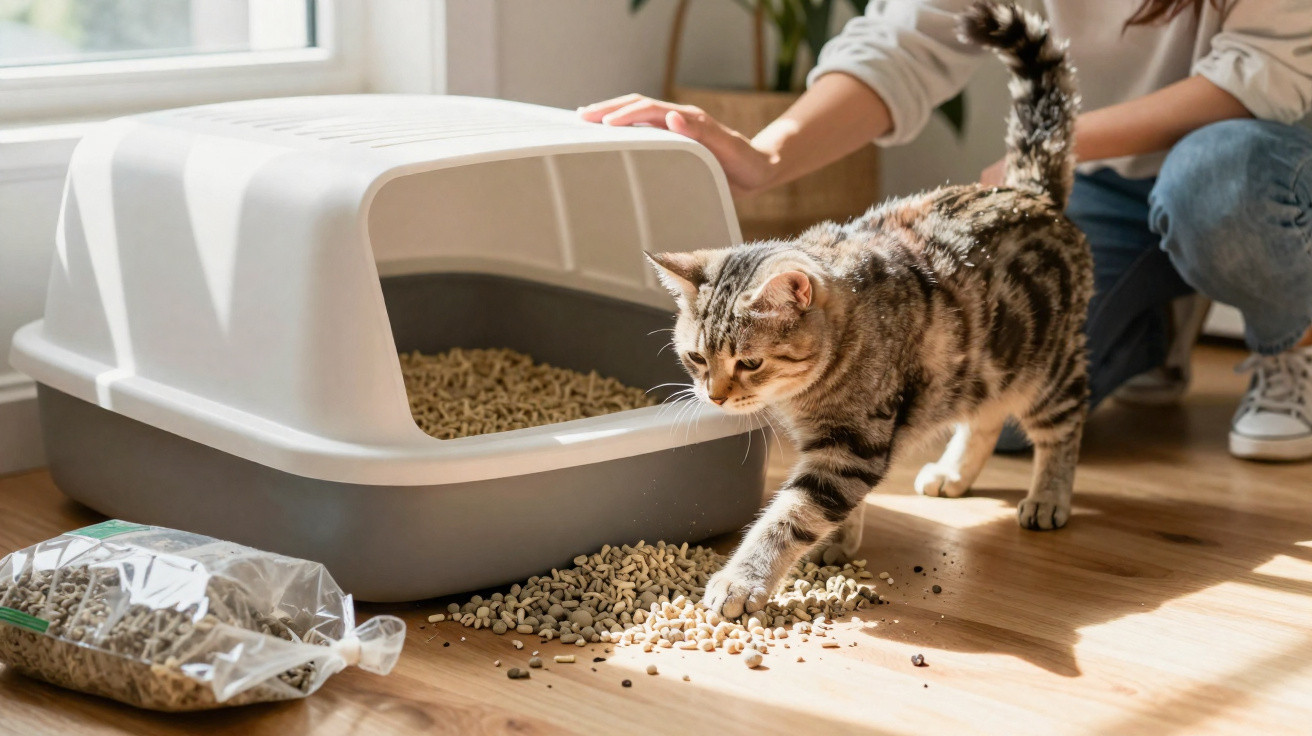 Gato ao lado de caixa de areia coberta, com pellets espalhados no chão e pessoa ao fundo.