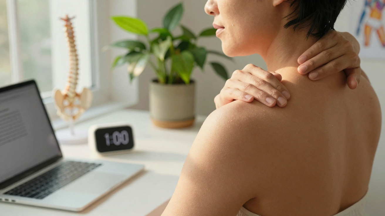 Pessoa massageando o ombro dolorido em frente a laptop em ambiente de trabalho com planta e relógio digital.