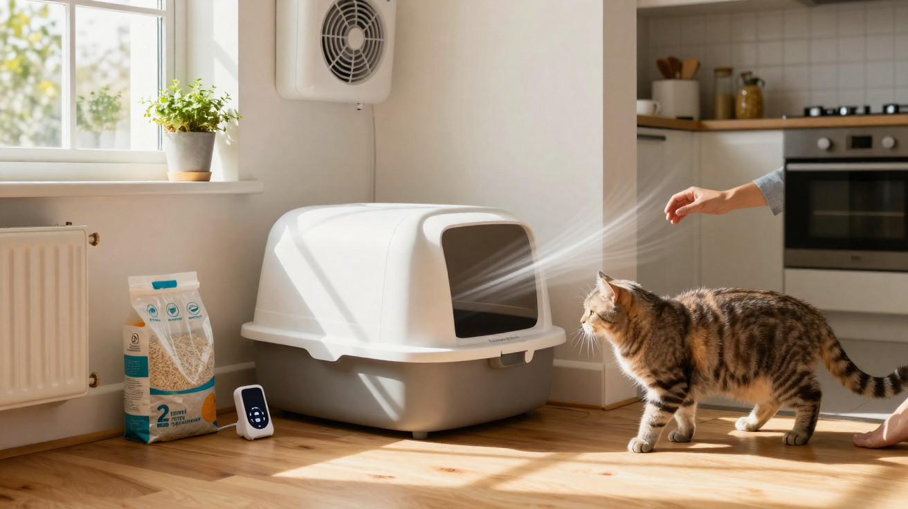 Gato se aproximando de caixa de areia automática em cozinha iluminada com planta na janela.