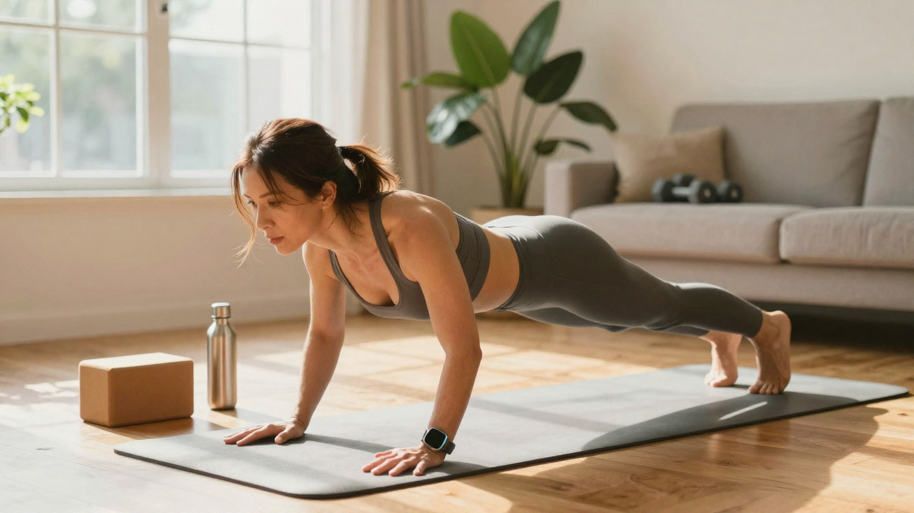 Mulher fazendo prancha em tapete de yoga em sala iluminada, com garrafa e bloco ao lado.