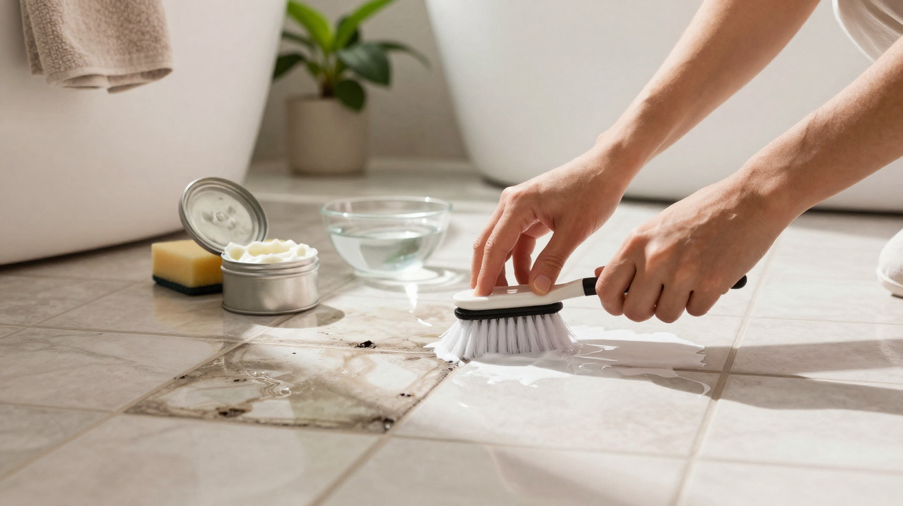 Mãos esfregando sujeira em piso de azulejo com escova branca, ao lado de recipiente aberto com creme de limpeza.