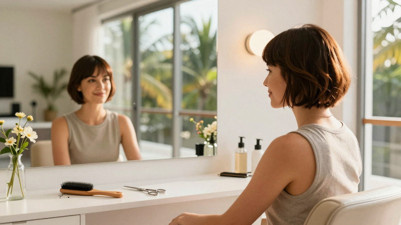 Mulher com cabelo curto sentada em frente a espelho, pente e tesoura na bancada, ambiente claro e minimalista.