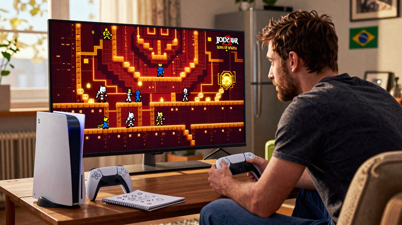 Homem jogando videogame com controle PlayStation 5 em sala com TV grande e console sobre mesa.