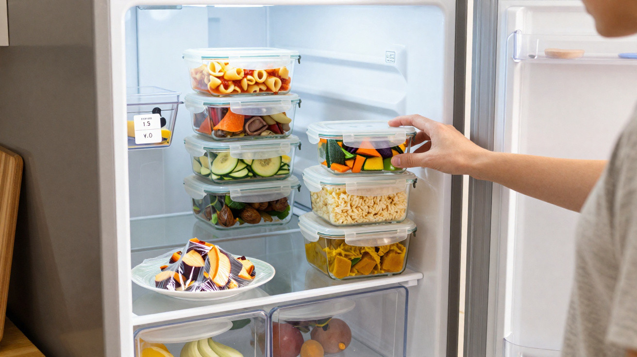 Pessoa organizando potes com vegetais e alimentos dentro de geladeira branca com luz interna ligada.