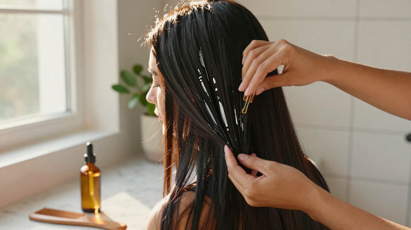 Pessoa com cabelo molhado recebendo aplicação de óleo capilar em ambiente iluminado.