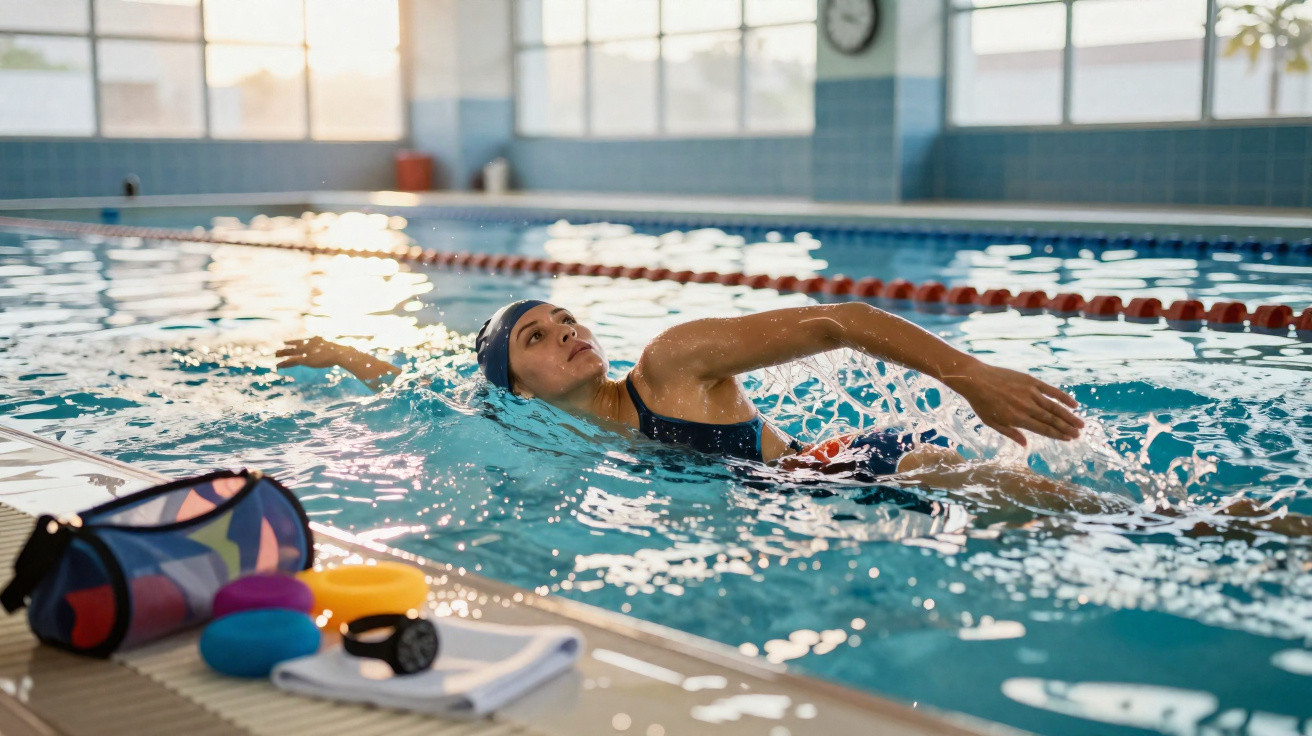 Mulher nadando em piscina indoor com touca azul, próxima à borda com mochila e acessórios na lateral.
