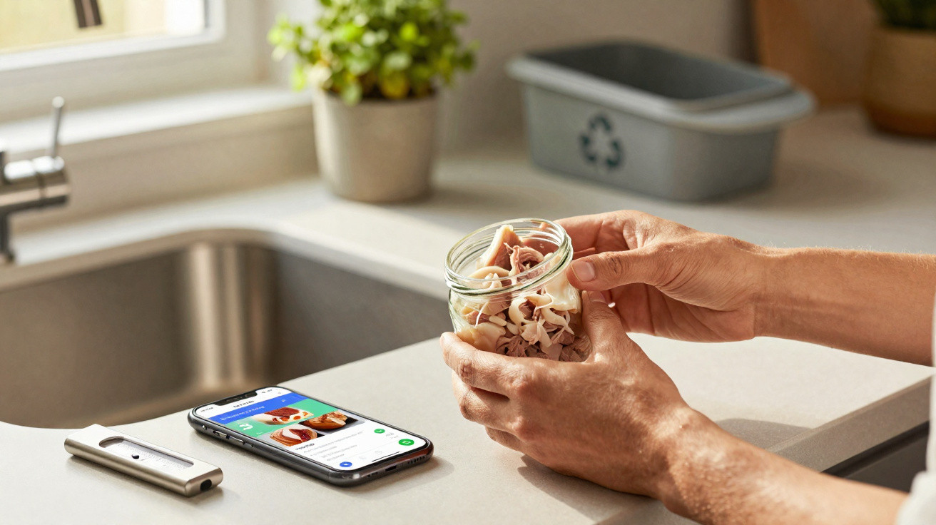 Pessoa segurando pote de vidro com restos de comida em cozinha, celular sobre a bancada.