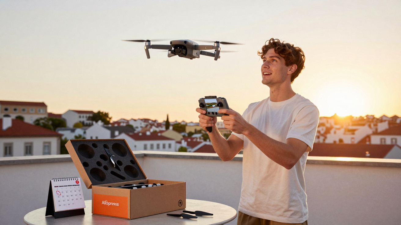 Homem controla drone voando ao pôr do sol em varanda com caixa de acessórios sobre a mesa.