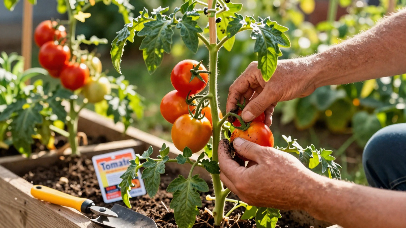 Mãos colhendo tomates maduros em planta cultivada em canteiro de jardim com ferramenta ao lado.