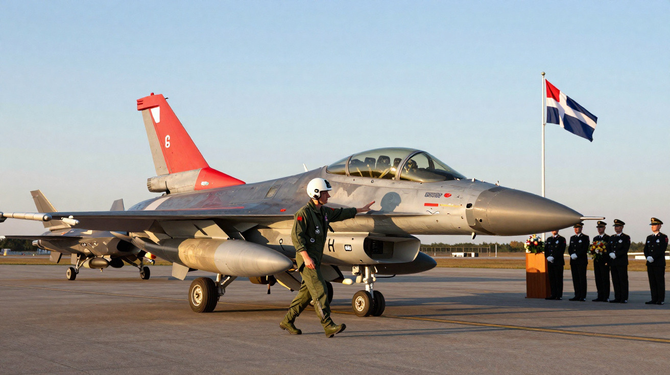 Avião de caça estacionado com piloto caminhando à frente e grupo de militares em cerimônia ao fundo.