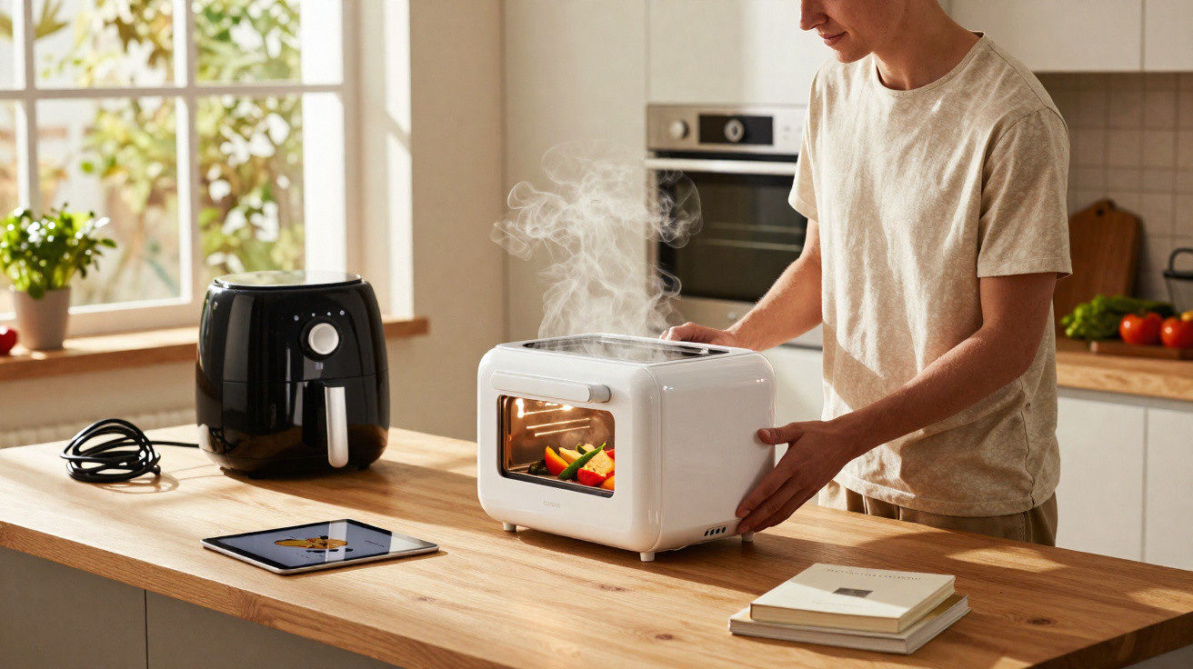 Pessoa usando forno elétrico branco em cozinha moderna, com air fryer preta e tablet sobre bancada de madeira.