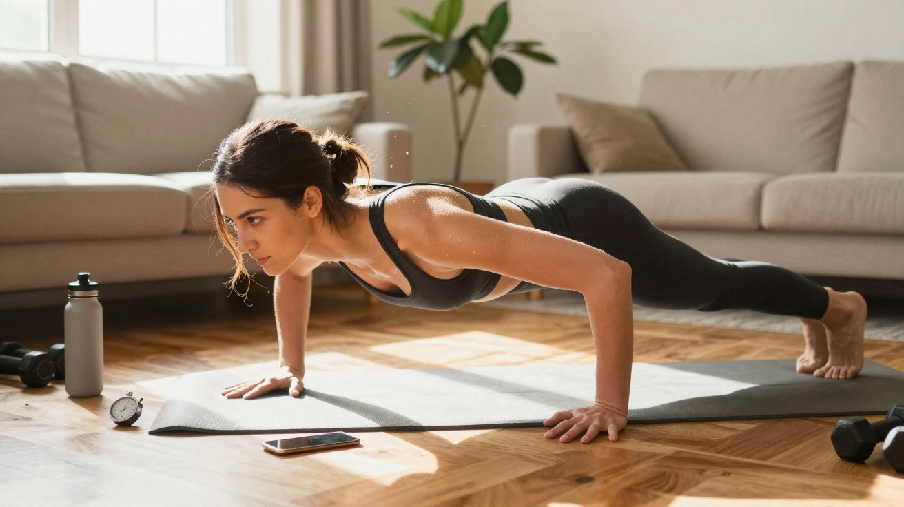 Mulher fazendo flexão no chão da sala com roupa esportiva preta e tapete cinza.