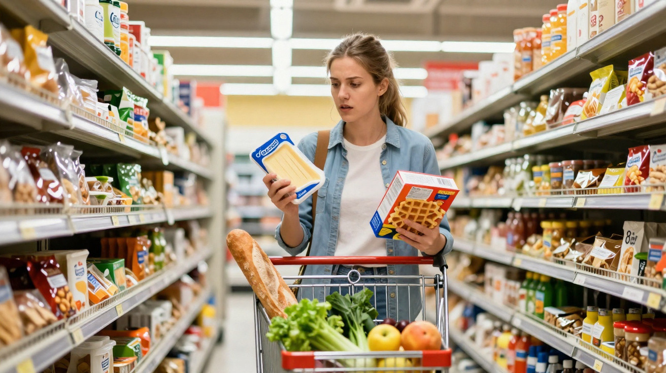 Mulher com carrinho de compras examina produtos em corredor de supermercado, com alimentos variados no carrinho.