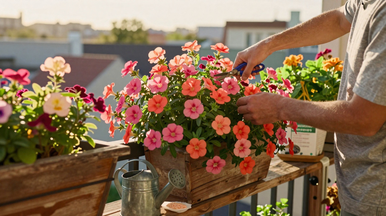 Pessoa podando flores rosas e laranjas em vaso de madeira em varanda ensolarada.