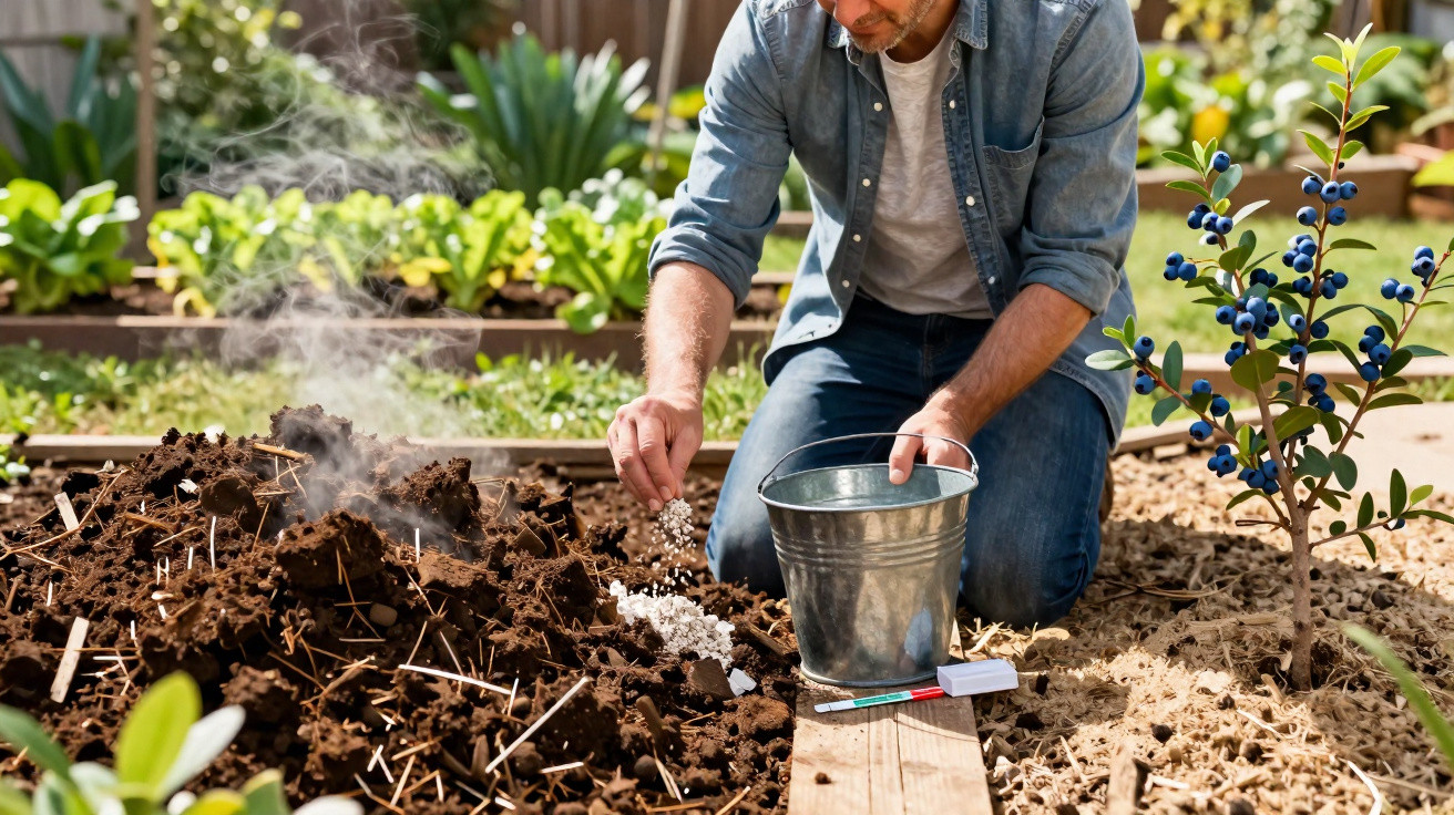 Homem sem rosto plantando sementes em jardim com regador e plantas ao redor em ambiente externo.