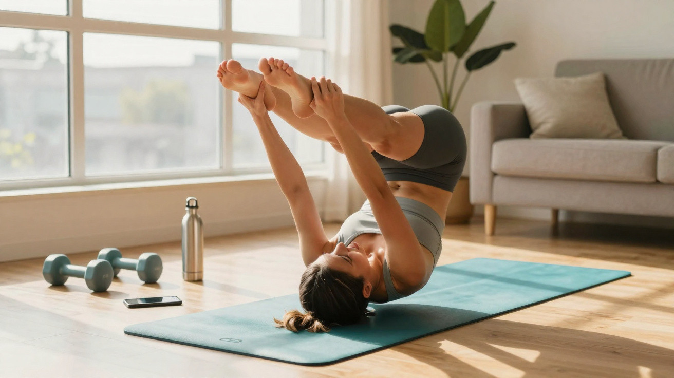 Mulher fazendo exercício de yoga em tapete azul na sala com halteres e garrafa ao lado.