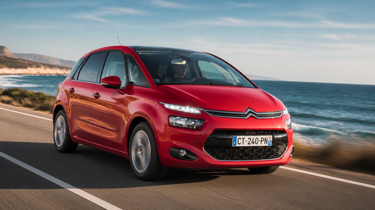 Carro vermelho Citroën em movimento na estrada à beira-mar com céu azul ao fundo.