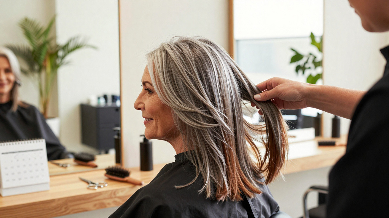 Mulher madura sorridente recebendo corte de cabelo em salão moderno com espelho e planta ao fundo.