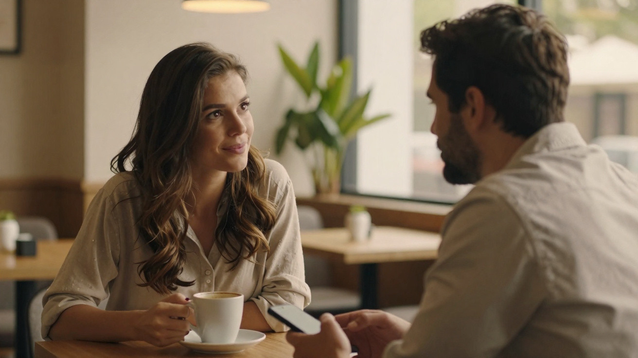 Mulher e homem conversando em cafeteria, ela segura xícara de café, ele segura celular, ambiente acolhedor.