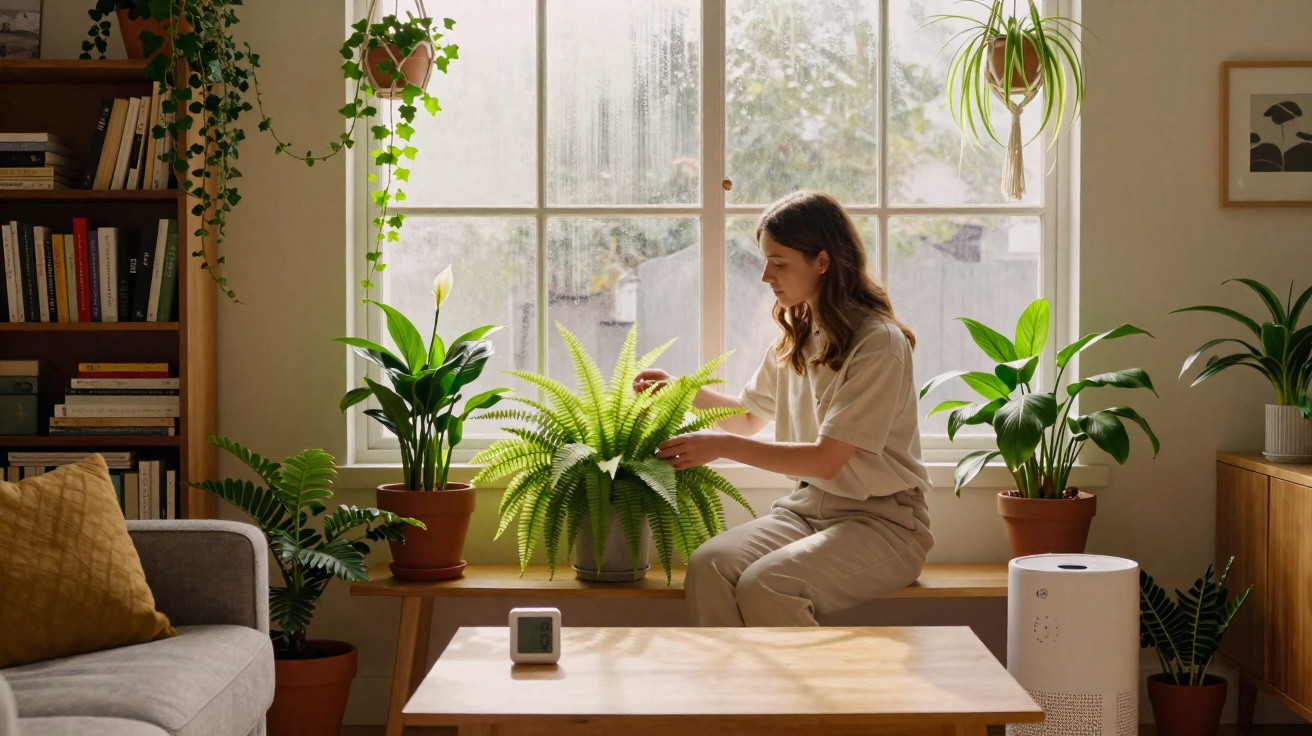 Mulher cuidando de plantas em vaso junto a uma janela grande em sala aconchegante e iluminada.