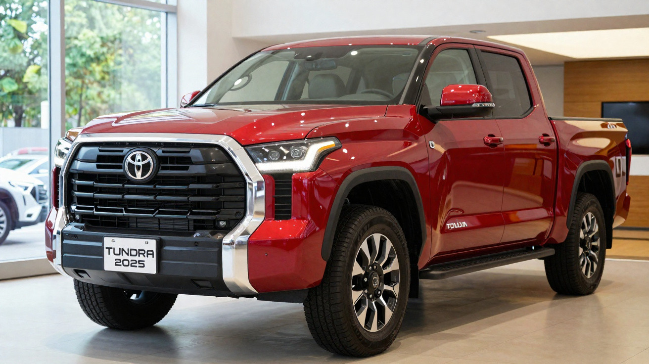 Picape Toyota Tundra 2025 vermelha exibida em showroom com detalhes em cromado e faróis modernos.