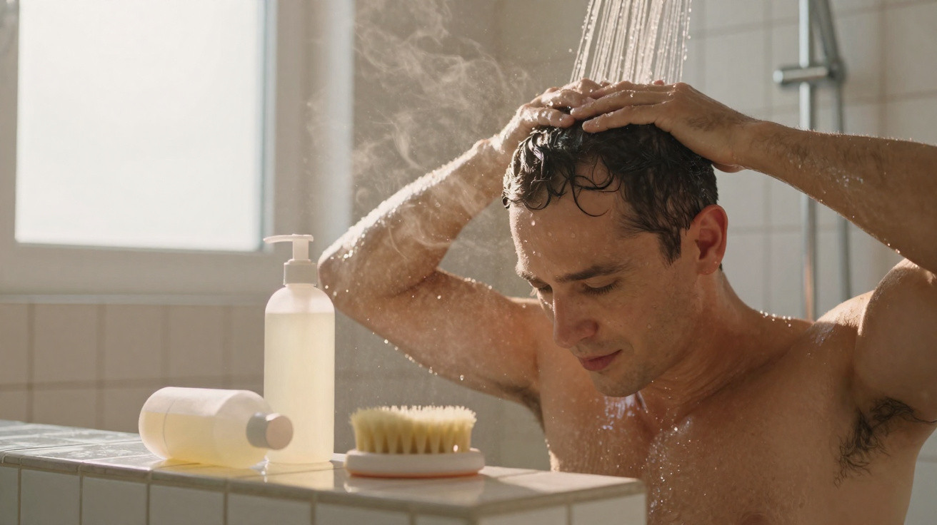 Homem tomando banho, lavando o cabelo sob água quente em banheiro iluminado por janela.