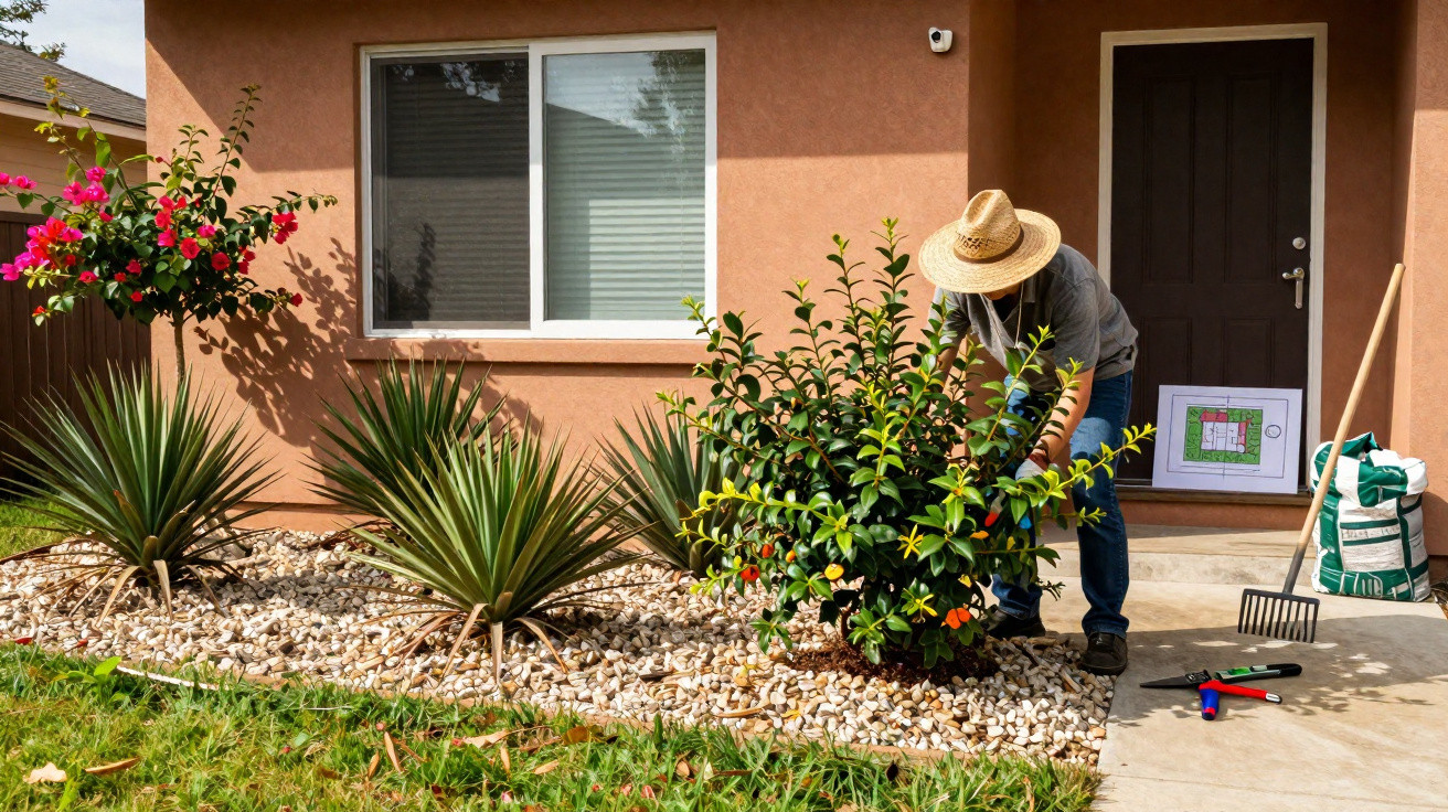 Pessoa com chapéu cuidando de arbusto na frente de casa com plantas e ferramentas de jardinagem.