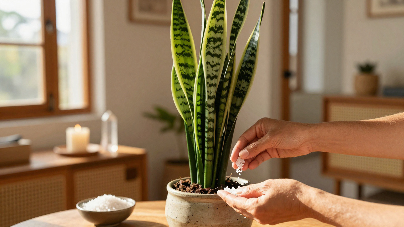 Mãos aplicando sal grosso em vaso com planta espada-de-são-jorge sobre mesa em ambiente interno iluminado.