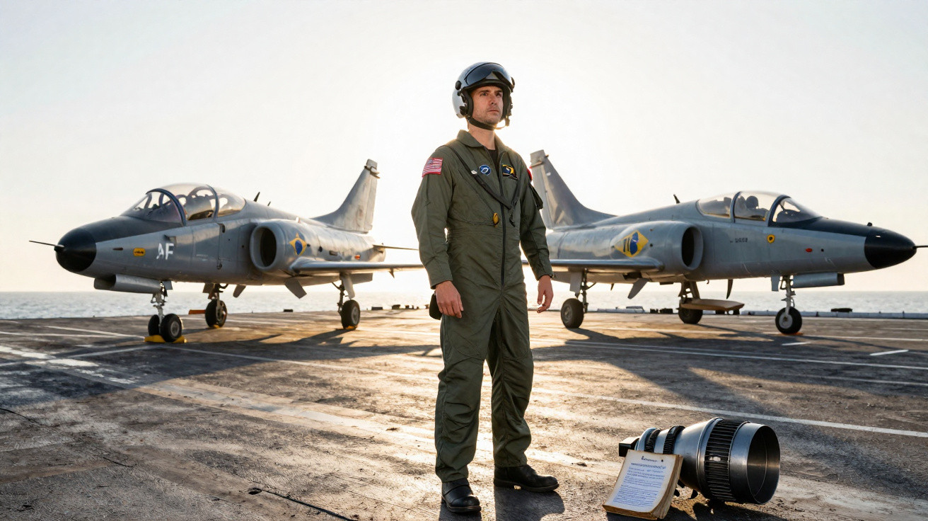 Piloto militar em uniforme verde com capacete em pé na pista com dois aviões de caça atrás ao entardecer.