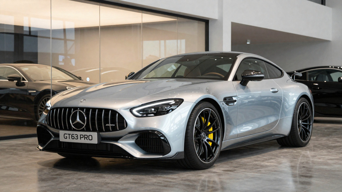 Carro esportivo Mercedes-Benz prata com freios amarelos estacionado em showroom moderno.