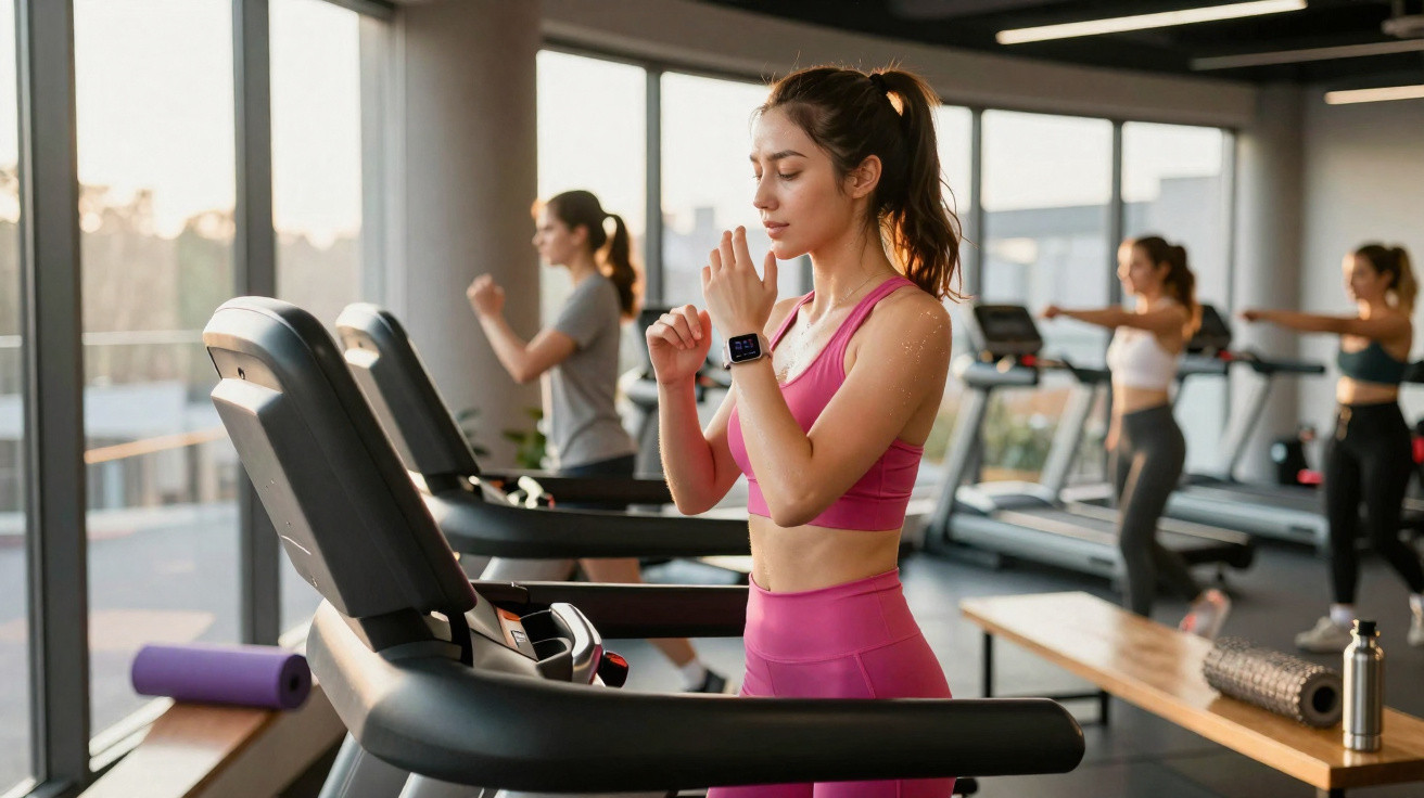 Mulher em roupa rosa usando esteira na academia e olhando relógio durante treino com outras pessoas ao fundo.
