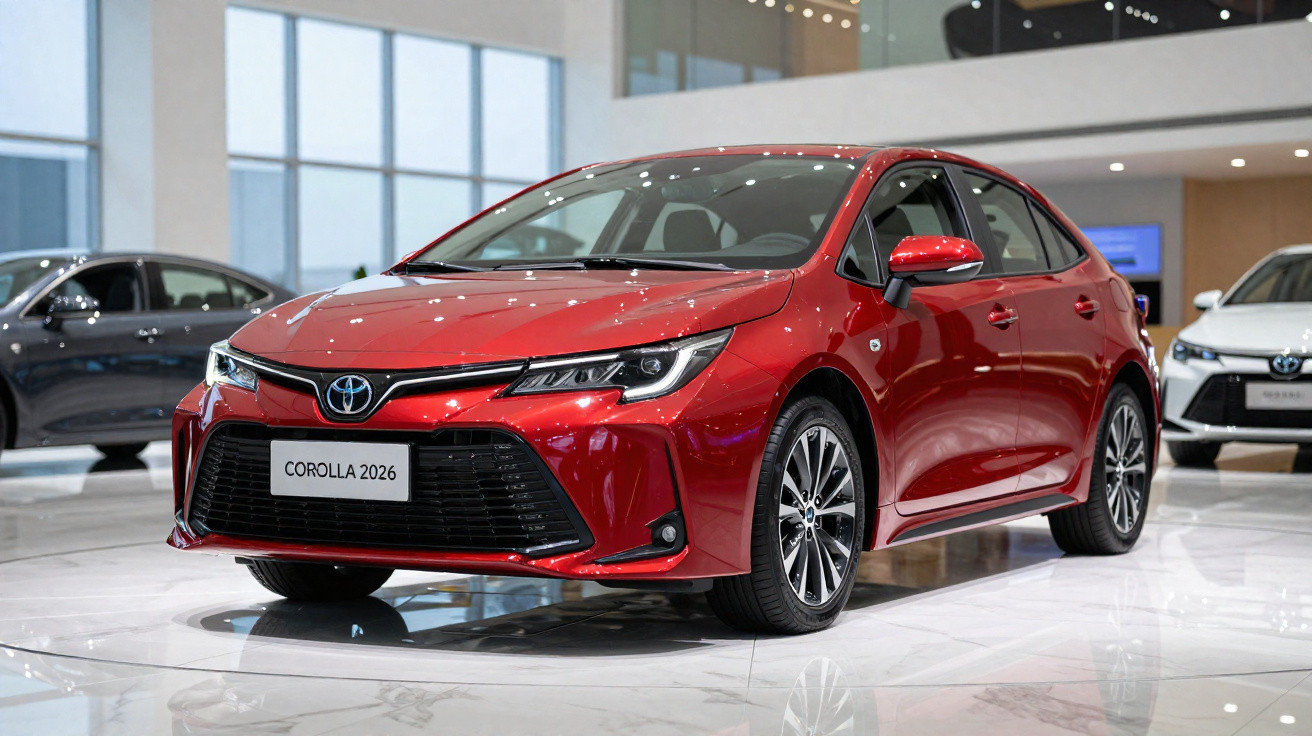 Carro vermelho Toyota Corolla 2026 em showroom com piso branco brilhante, iluminação interna e outros carros ao fundo.